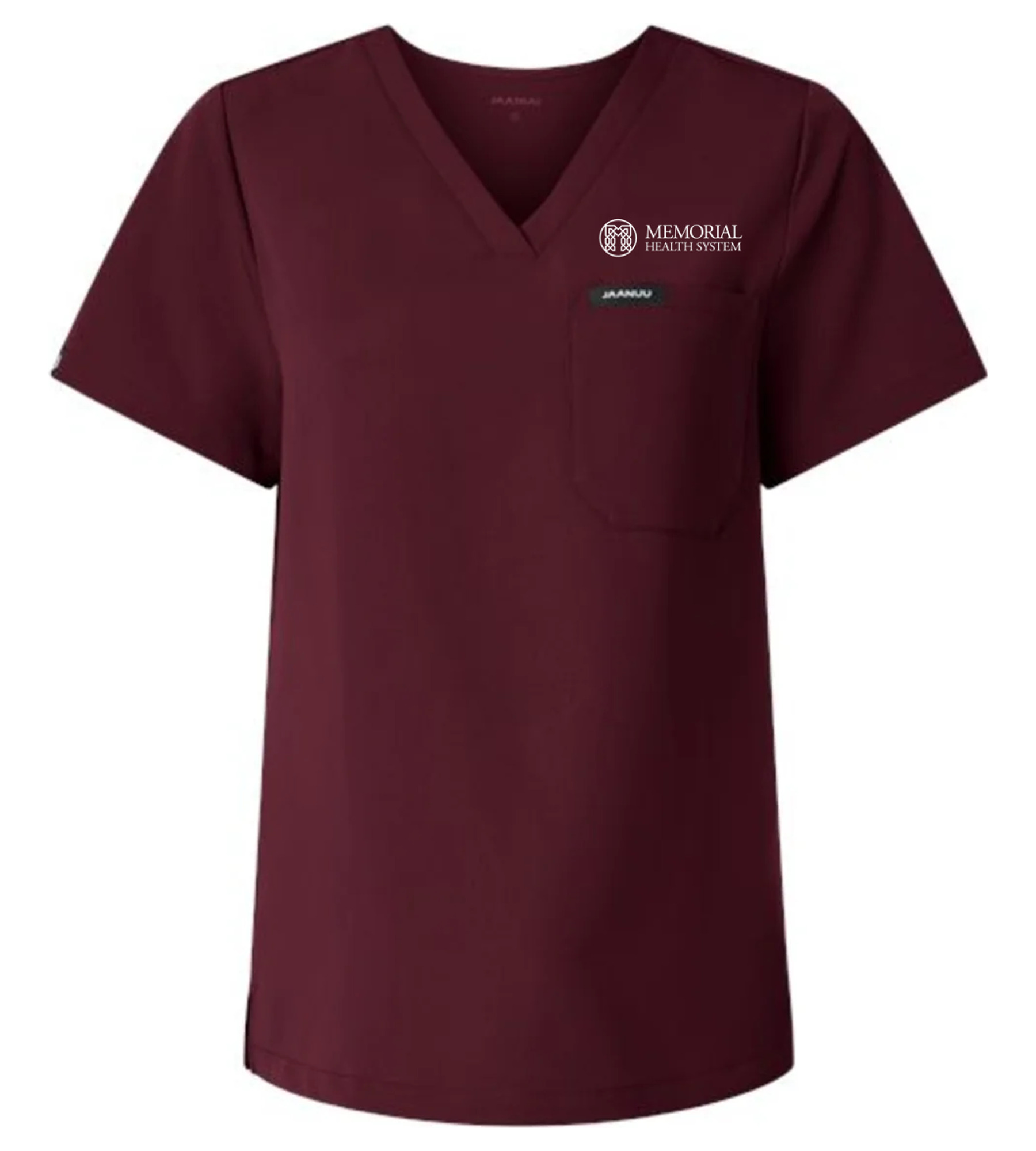 Jaanuu Women's Rhena Essential 1-Pocket Scrub V-Neck Top Burgundy with MHS
